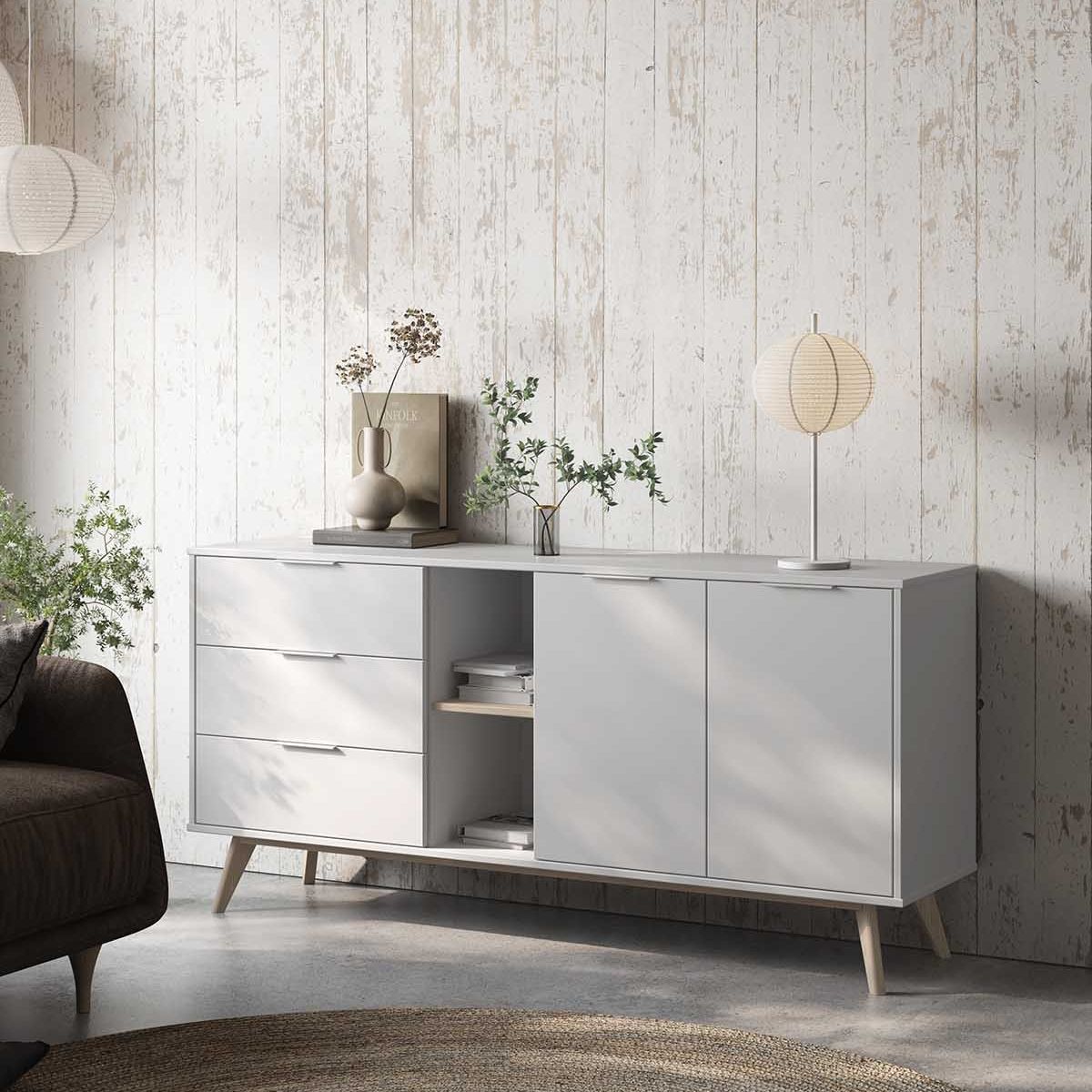 TU MESITA - Aparador Largo Clásico 3 cajones 2 puertas Ventura color Blanco TU MESITA