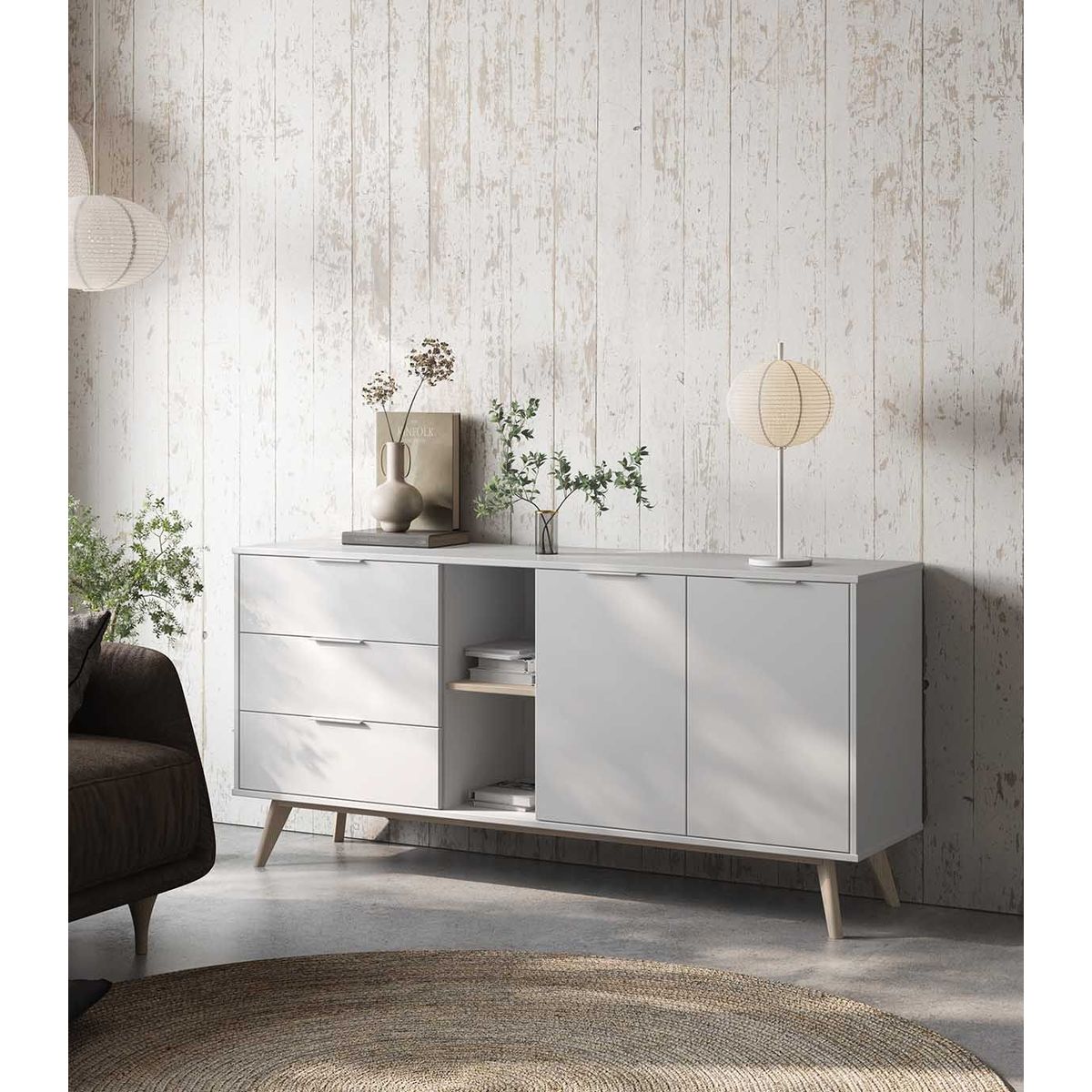 TU MESITA - Aparador Largo Clásico 3 cajones 2 puertas Ventura color Blanco TU MESITA