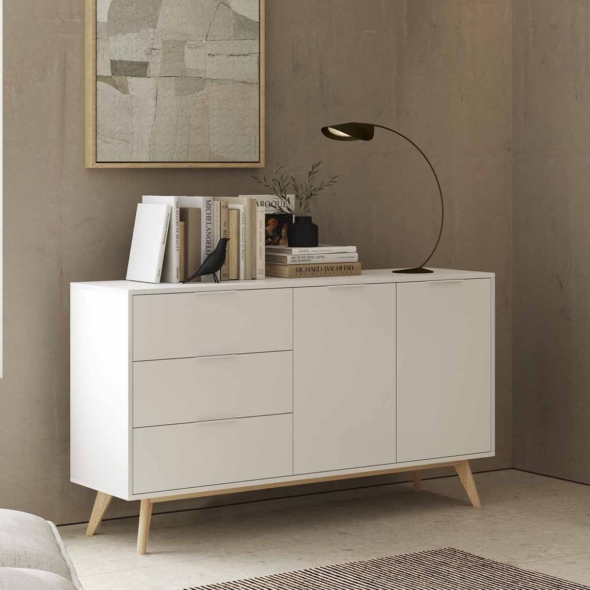 TU MESITA - Aparador Clásico 3 cajones 2 puertas Mocasino color Blanco TU MESITA