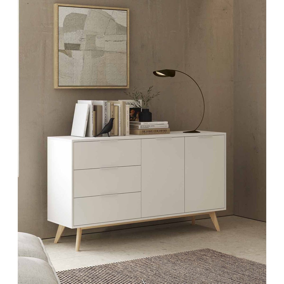 TU MESITA - Aparador Clásico 3 cajones 2 puertas Mocasino color Blanco TU MESITA