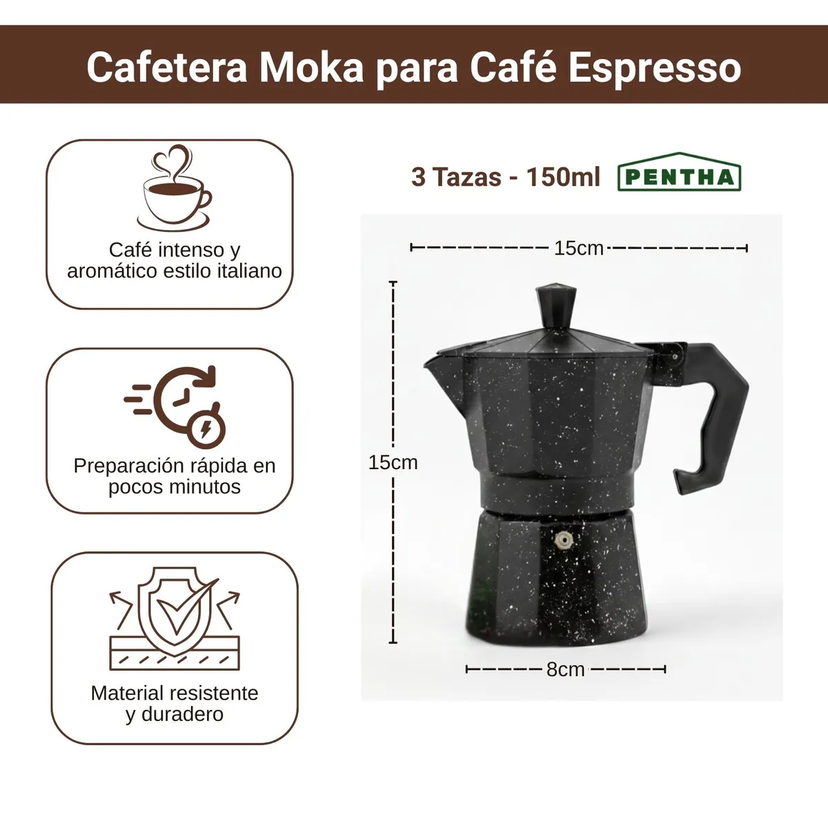PENTHA - Cafetera Moka Italiana Espresso De 3 Tazas - 150ml Color Negro