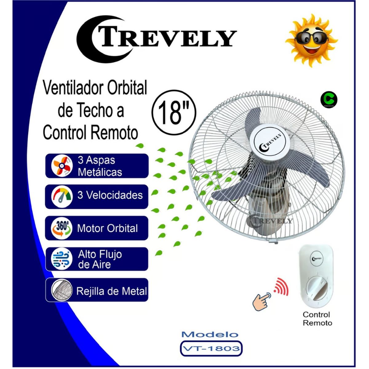 TREVELY - Ventilador De Techo Trevely Vt-1803 18" 80 Watts 3 Aspas con control