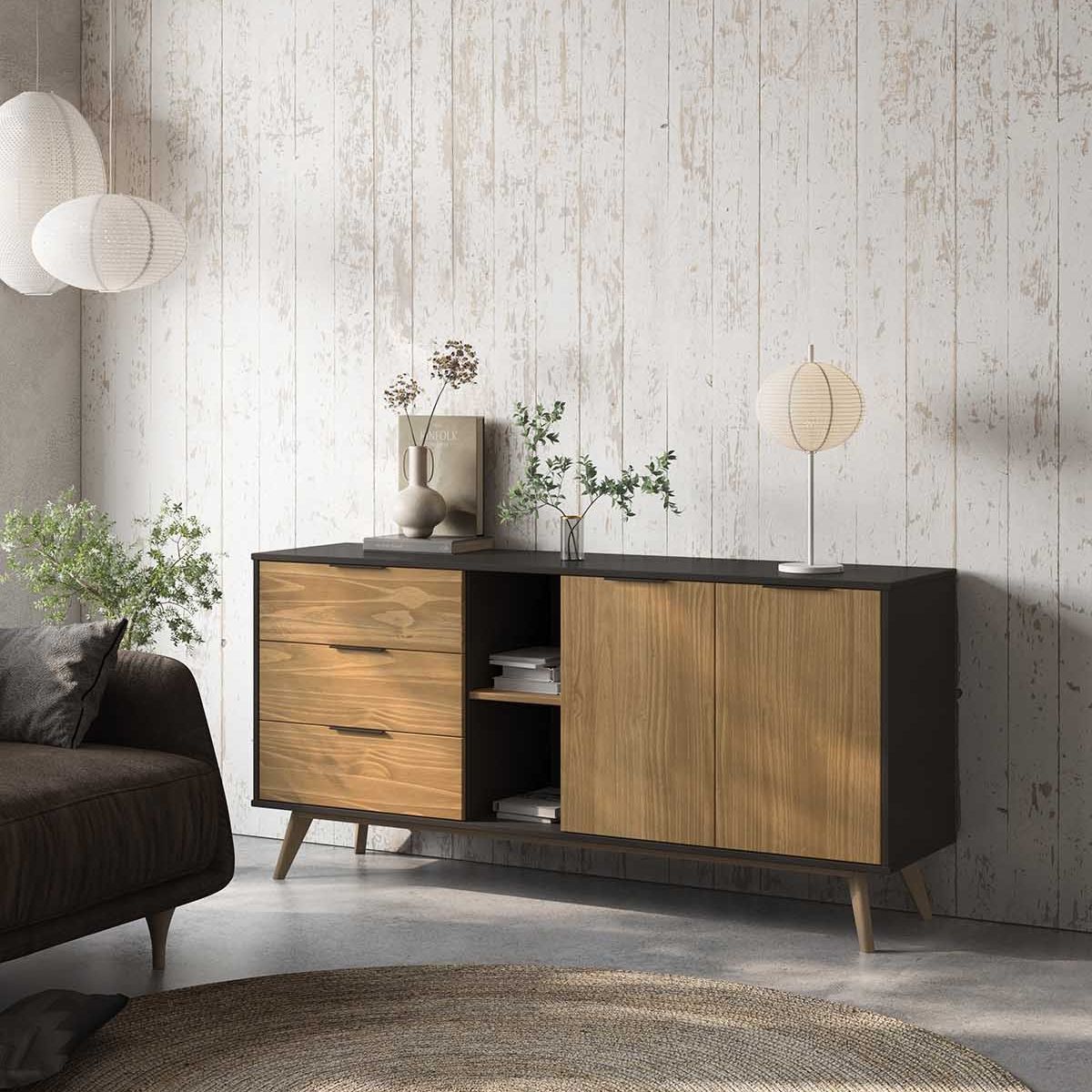 TU MESITA - Aparador Largo Clásico 3 cajones 2 puertas Ventura color HayaNegro TU MESITA