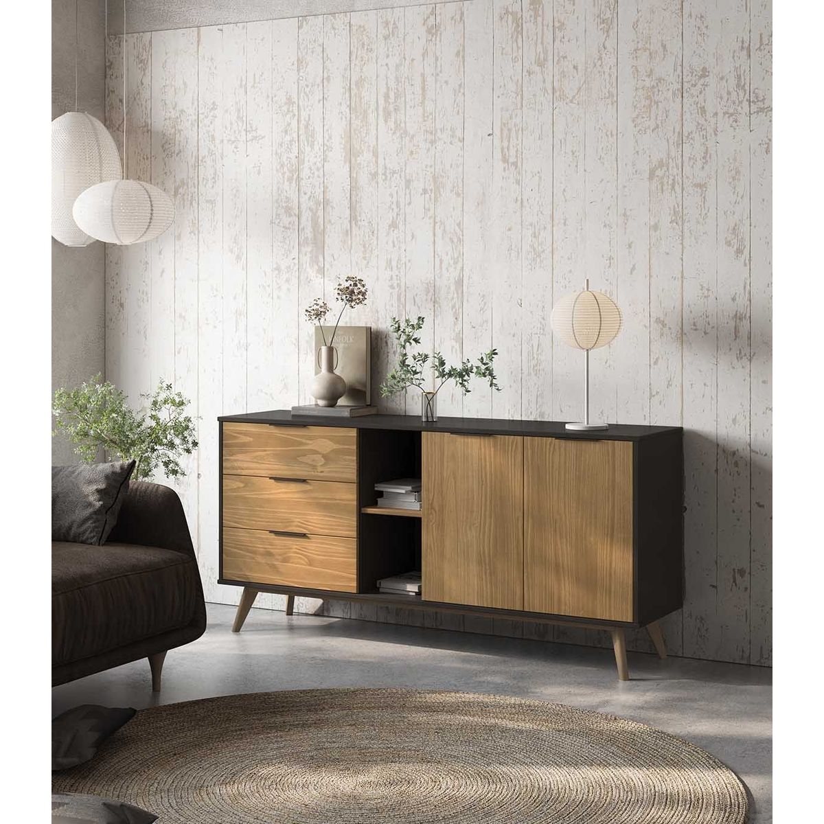 TU MESITA - Aparador Largo Clásico 3 cajones 2 puertas Ventura color HayaNegro TU MESITA