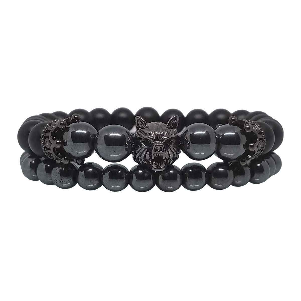 LUCYANA JOYAS Y ACCESORIOS - Juego de Pulsera para Hombre Lobo y Corona con Cuarzo Ónix y Hematita