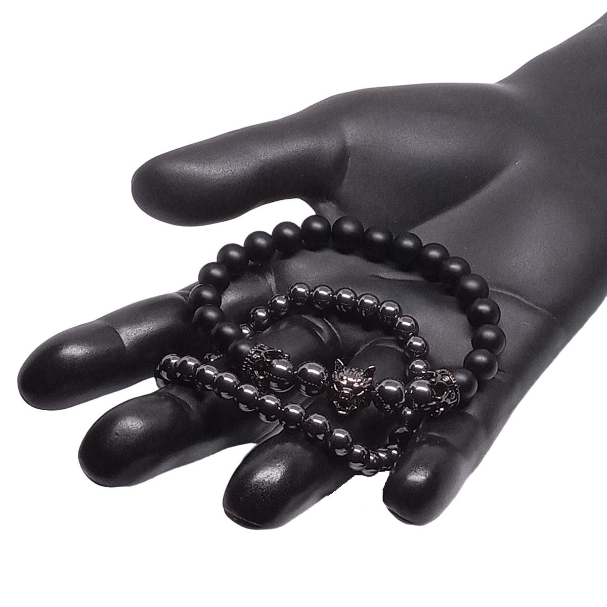 LUCYANA JOYAS Y ACCESORIOS - Juego de Pulsera para Hombre Lobo y Corona con Cuarzo Ónix y Hematita