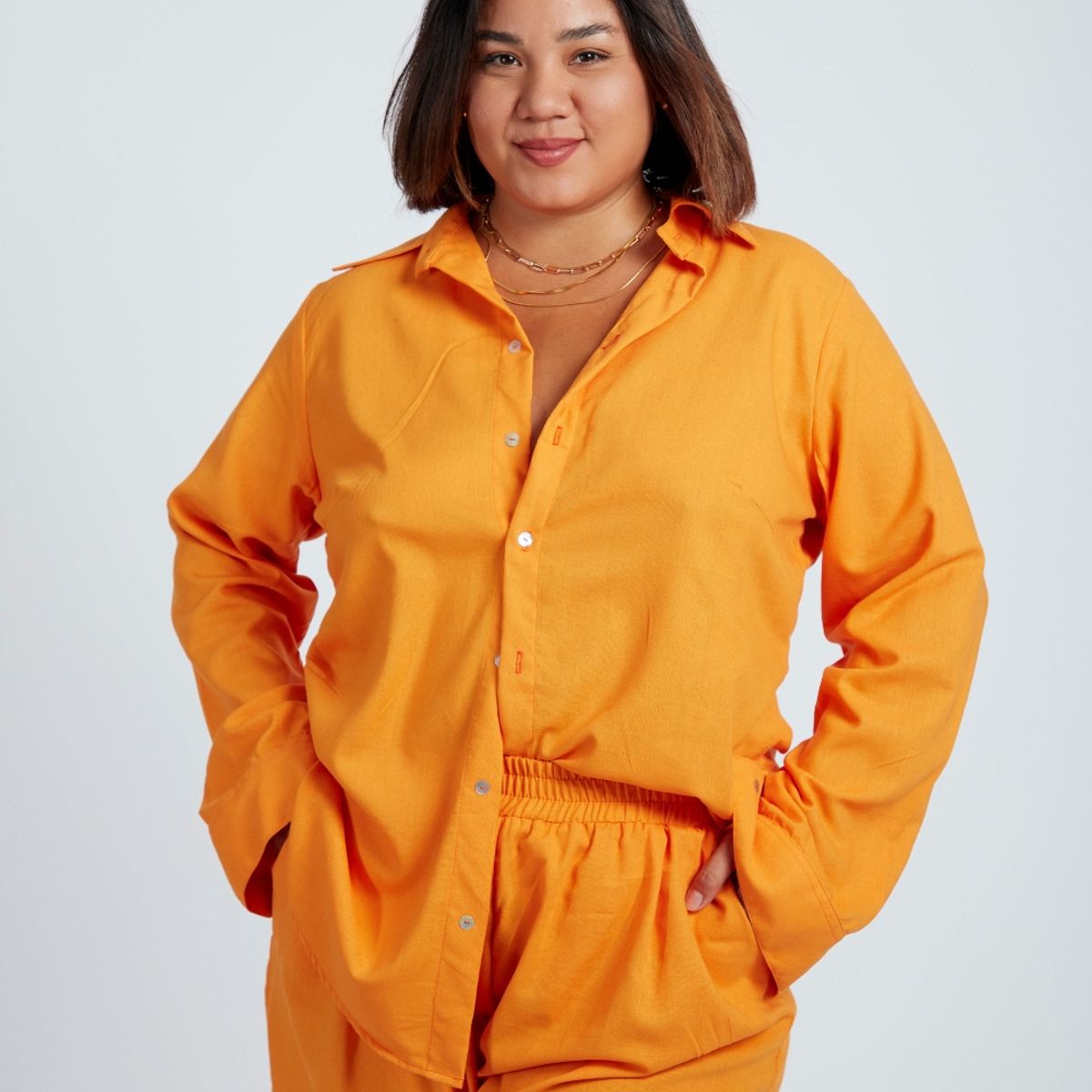 MISS LADY - Blusa Básica de Lino -  Naranja