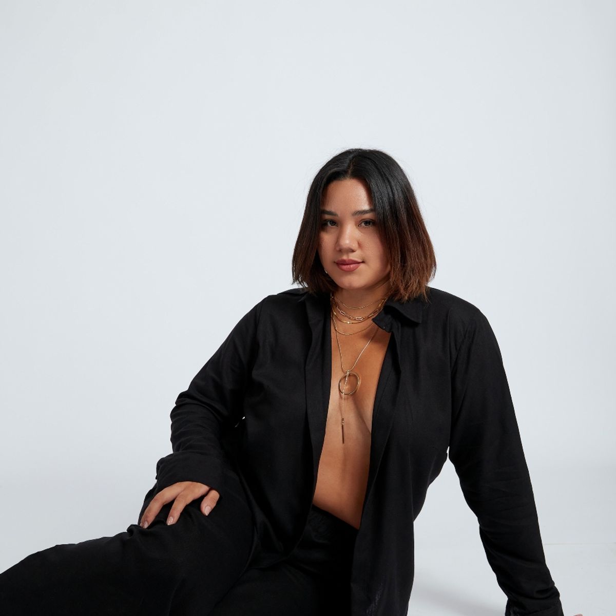 MISS LADY - Blusa Básica de Lino -  Negro