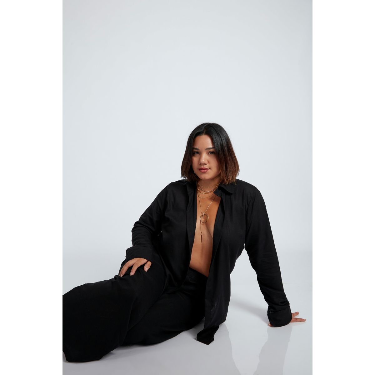 MISS LADY - Blusa Básica de Lino -  Negro