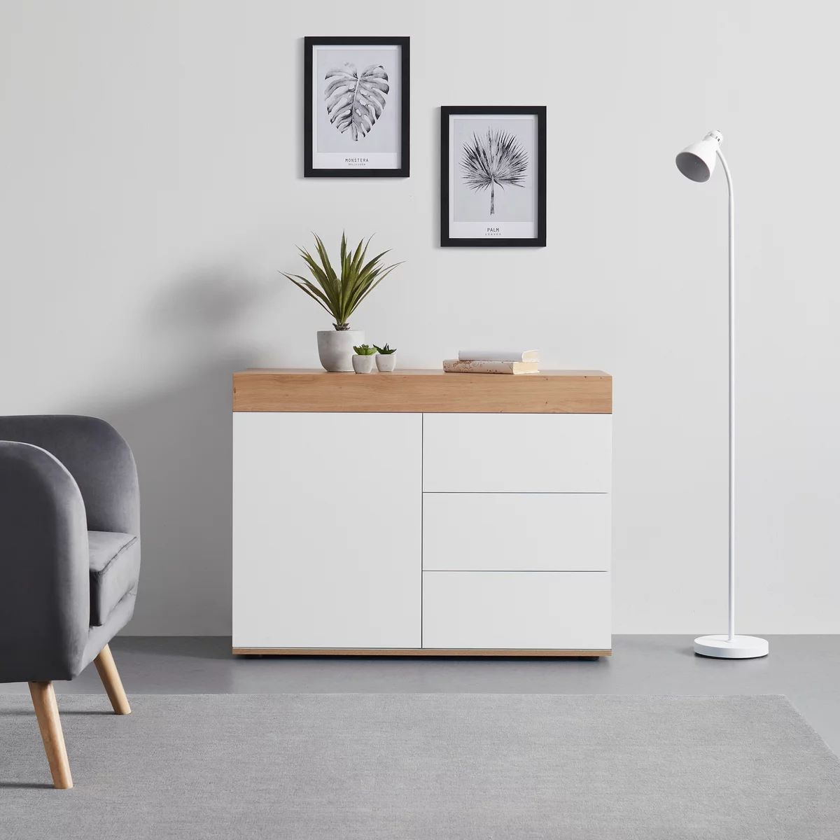 TU MESITA - Aparador clásico 3 cajones 1 puerta Dakota color BlancoDuna TU MESITA