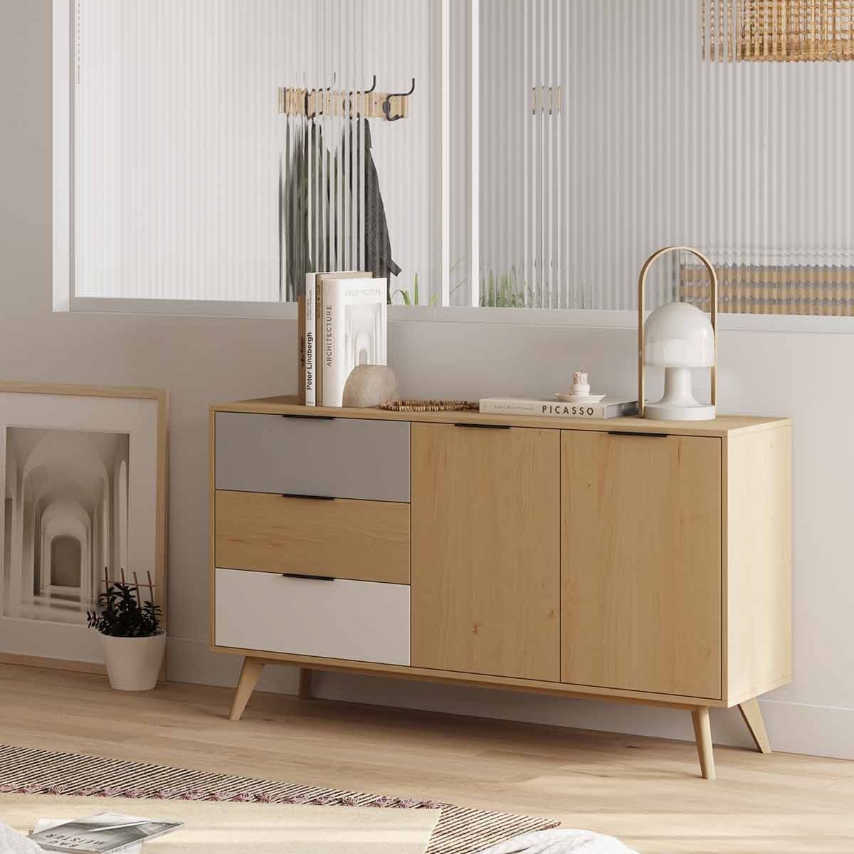 TU MESITA - Aparador Clásico 3 cajones 2 puertas Vialle color Haya TU MESITA