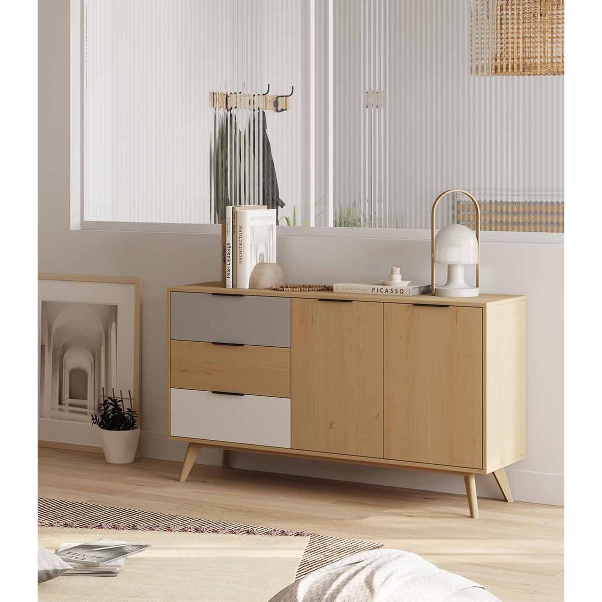 TU MESITA - Aparador Clásico 3 cajones 2 puertas Vialle color Haya TU MESITA