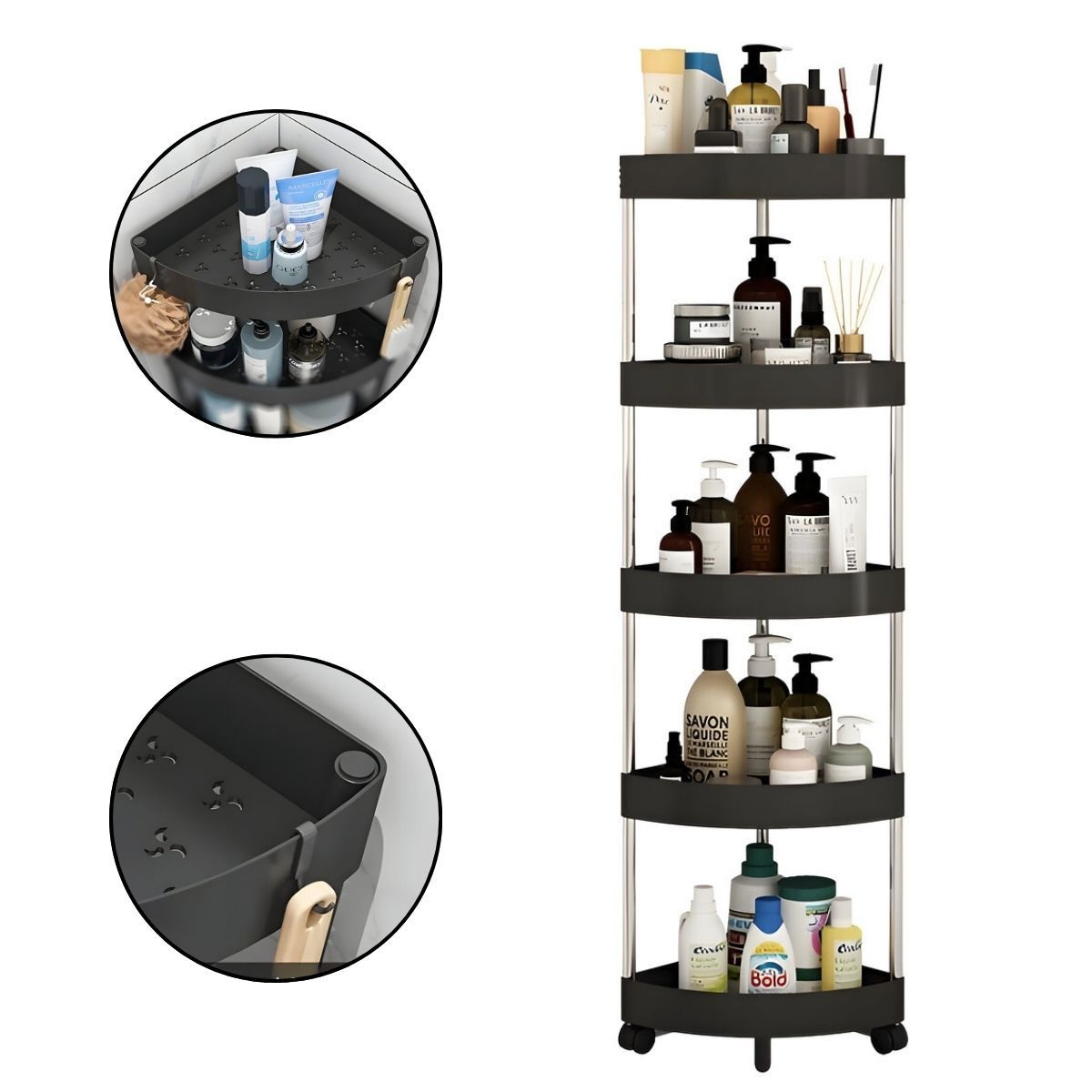ELMEJORPRECIO - Organizador Esquinero Con Ruedas de 5 Niveles para Cocina, Baño Negro