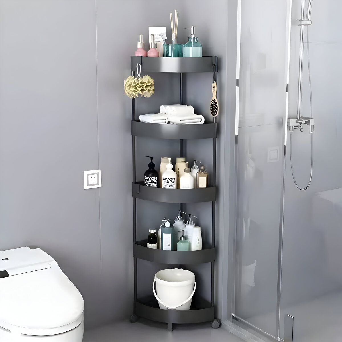 ELMEJORPRECIO - Organizador Esquinero Con Ruedas de 5 Niveles para Cocina, Baño Negro