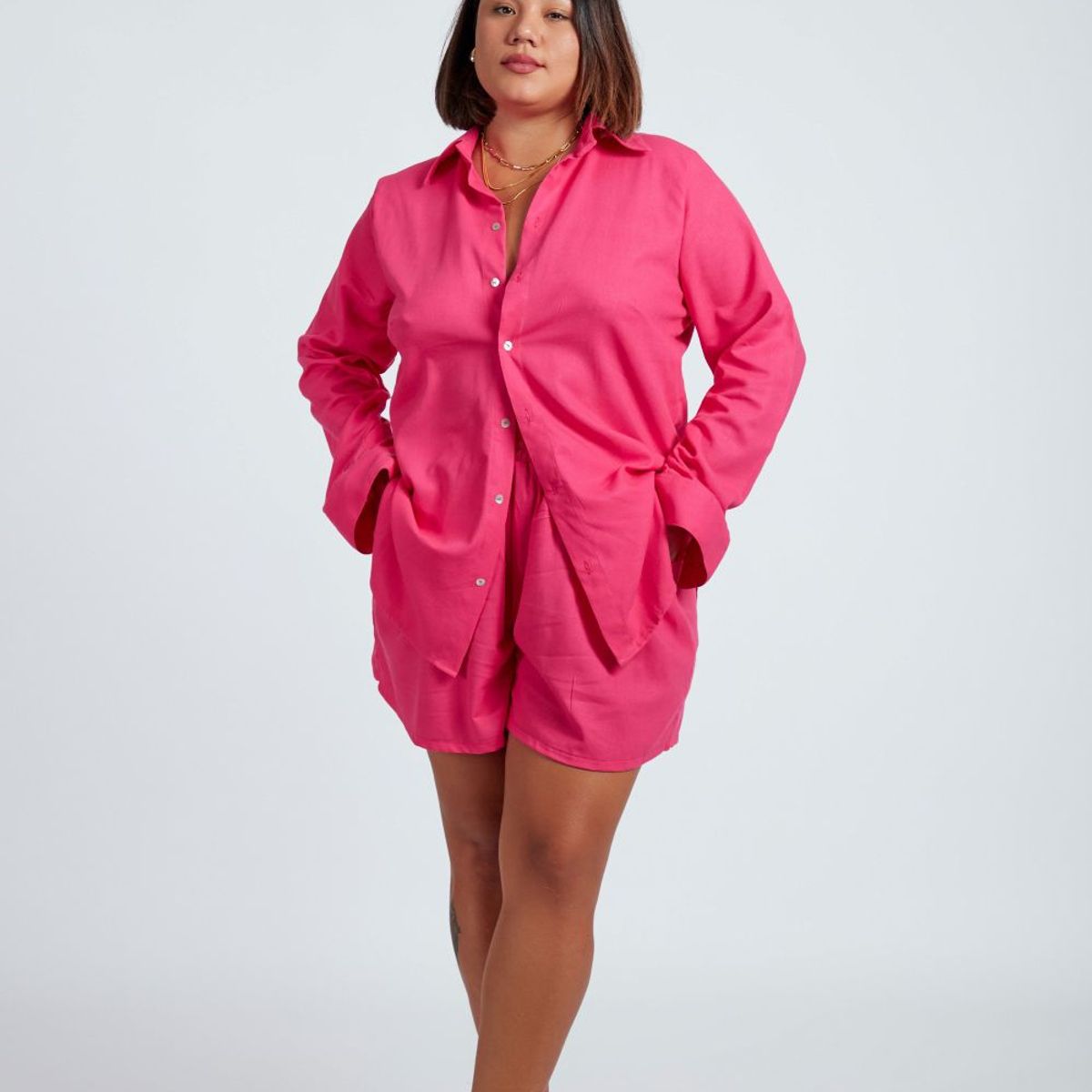 MISS LADY - Blusa Básica de Lino -  Fucsia