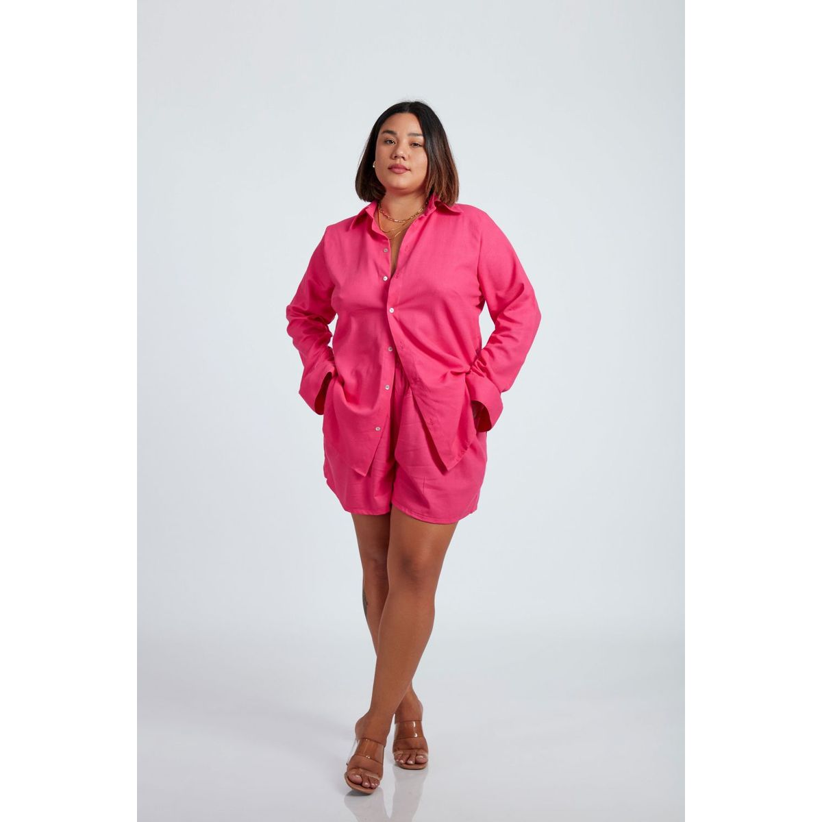 MISS LADY - Blusa Básica de Lino -  Fucsia