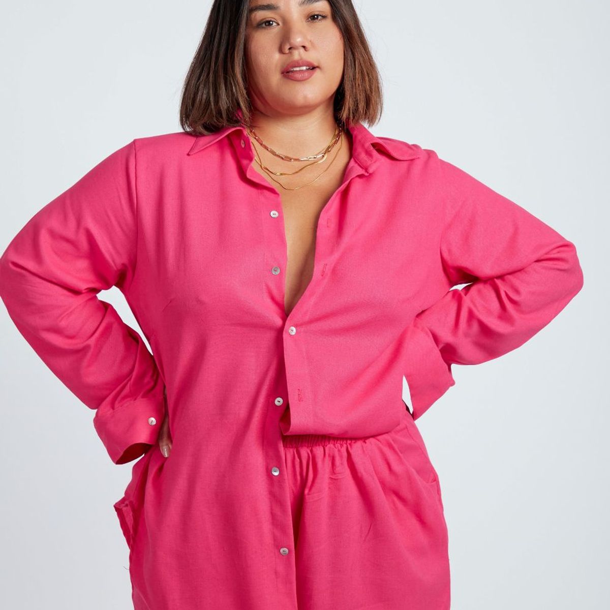 MISS LADY - Blusa Básica de Lino -  Fucsia