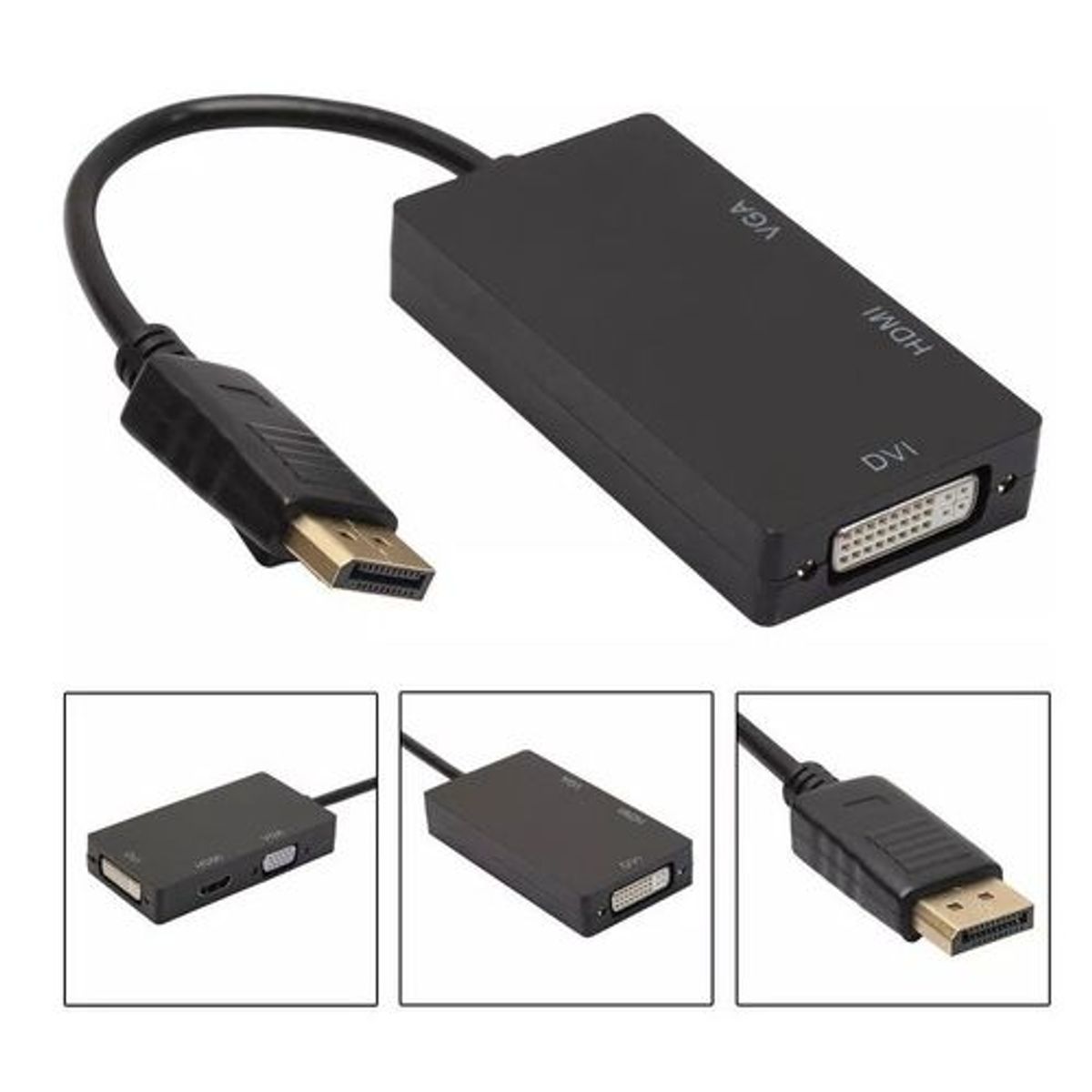 GENERICO - Adaptador Convertidor 3 En 1 Displayport a HDMI - VGA y Dvi Negro
