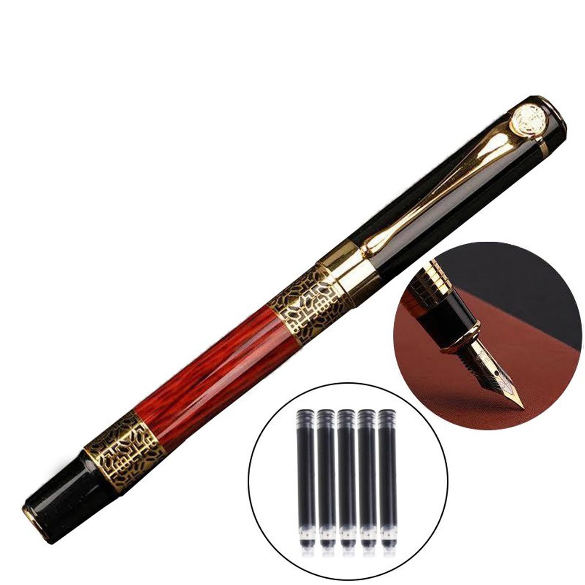 GENERICO - Boligrafo Estilográfico de Lujo con 05 Cartuchos de Tinta