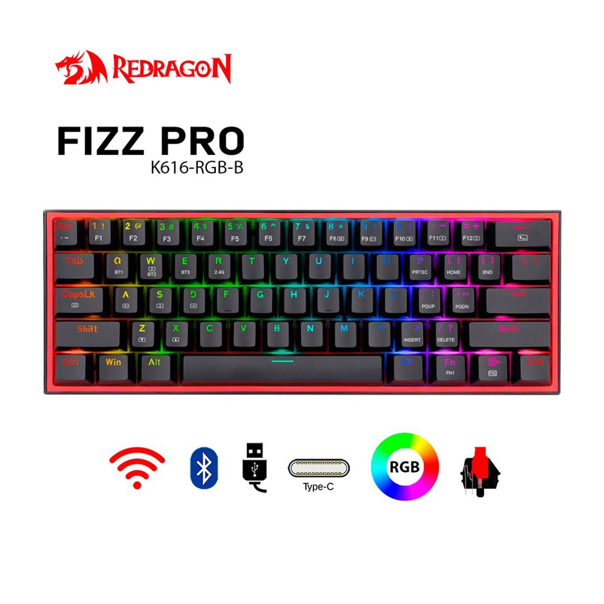 REDRAGON - Teclado Gamer Redragon Fizz Pro Inalámbrico K616  Black