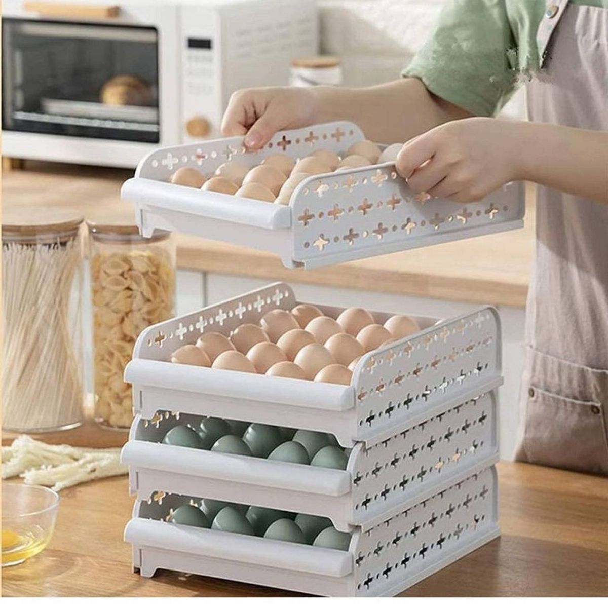 GENERICO - Bandeja Porta Huevos de 2 Niveles Apilable Capacidad 40 Huevos Gris