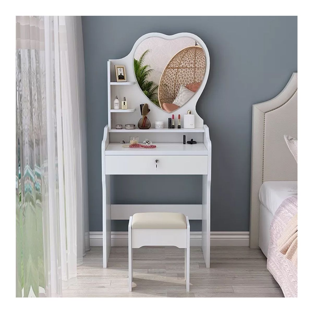 GENERICO - Tocador de Maquillaje Con Espejo Con Taburete Para Dormitorio Blanco
