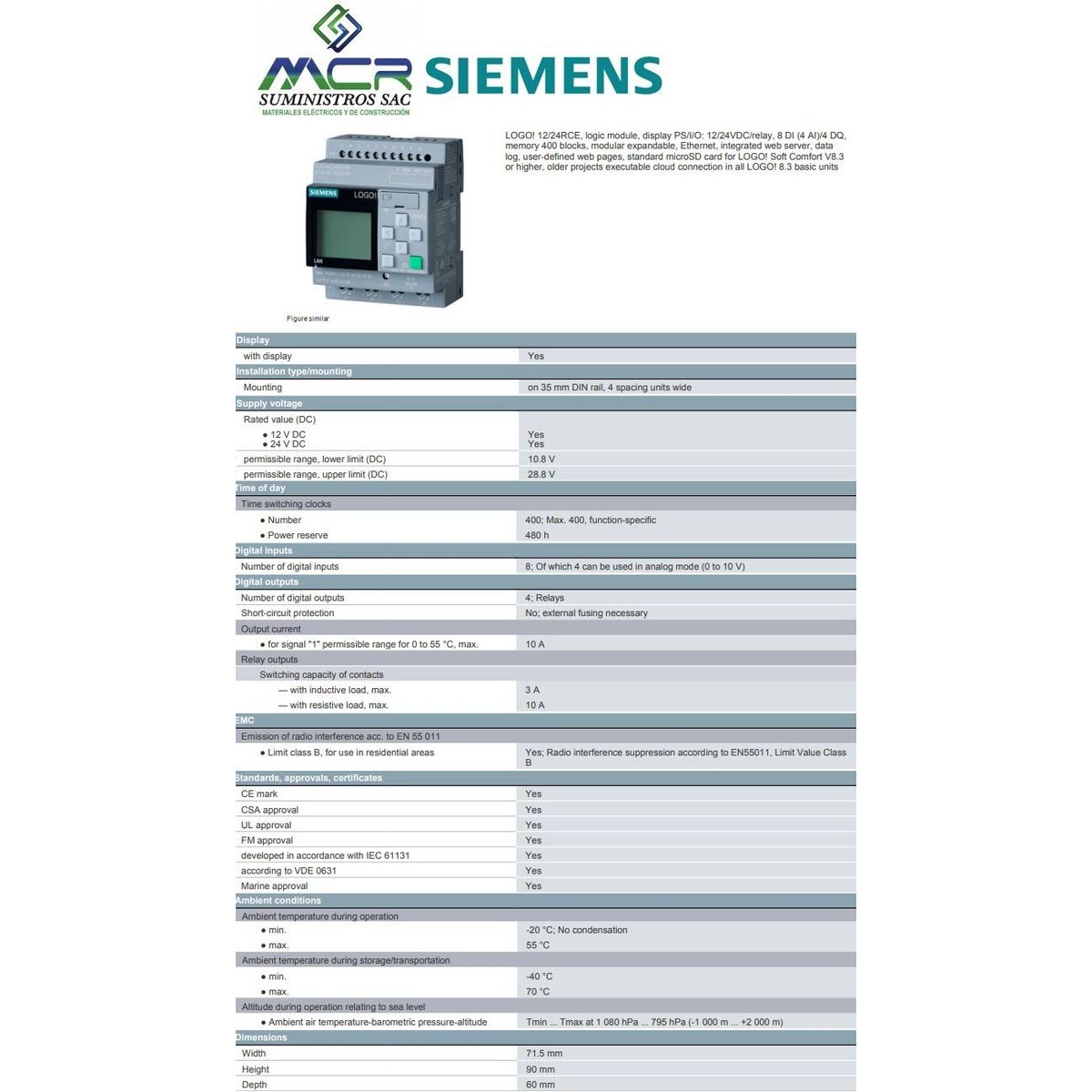 SIEMENS - LOGO 12-24RCE CON TENSION 12V y 24V DC 8ENT Y 4S CON PANTALLA Siemens