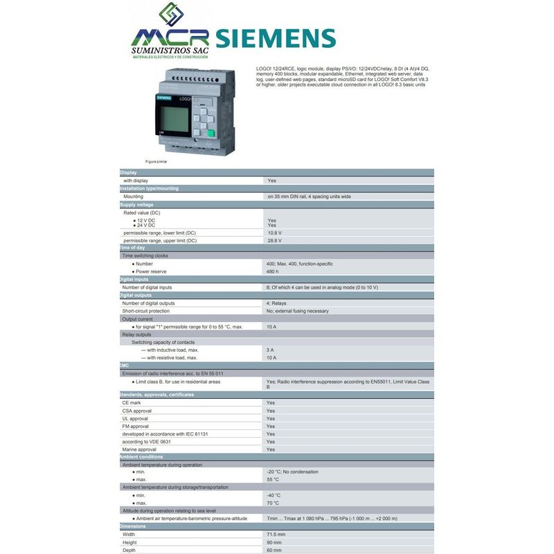 SIEMENS - LOGO 12-24RCE CON TENSION 12V y 24V DC 8ENT Y 4S CON PANTALLA Siemens