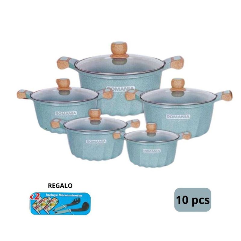 IMPORTADO MC - Juego de Ollas 10 Piezas Roca Volcánica - Esmeralda
