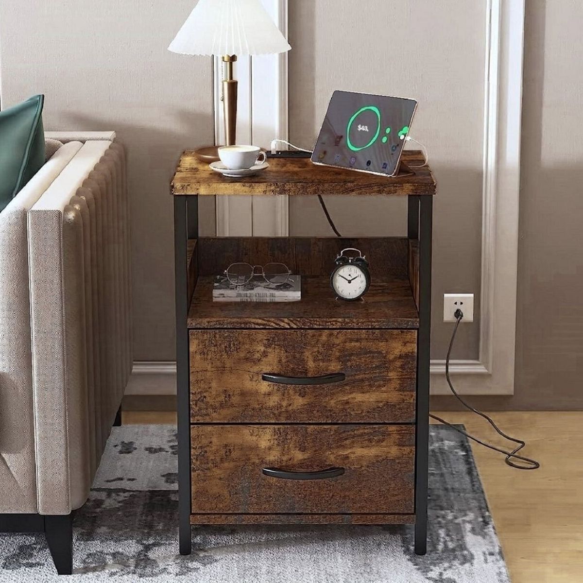 GENERICO - Velador Industrial Rubeus Caramelo con Estación de Carga Coricha Home