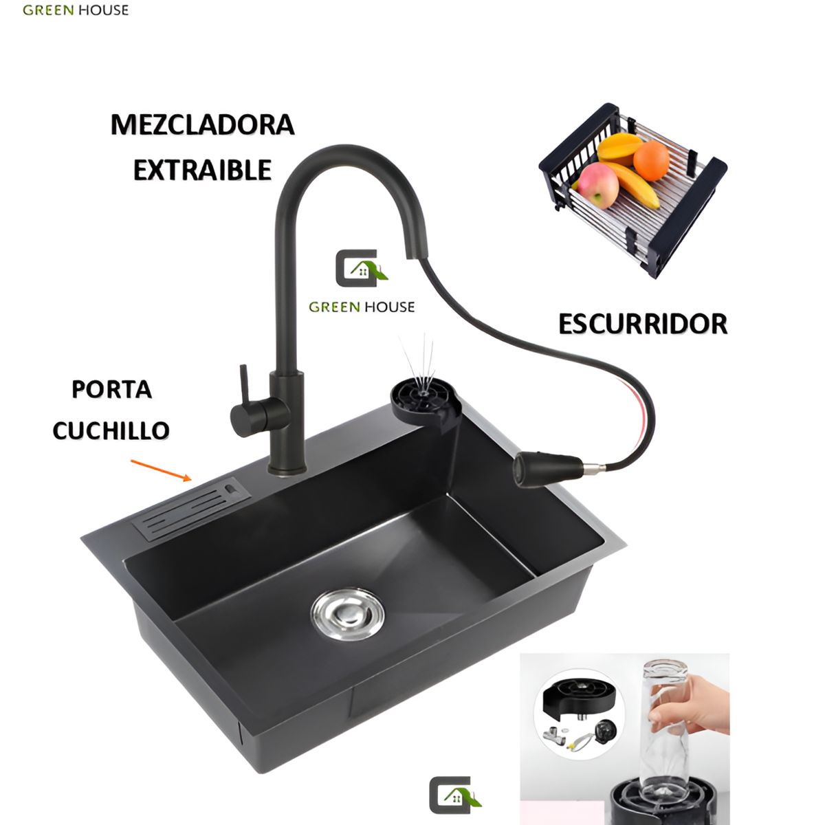 GREEN HOUSE - COMBO 60x45x23CM LAVADERO DE COCINA PORTA CUCHILLO CON MEZCLADORA
