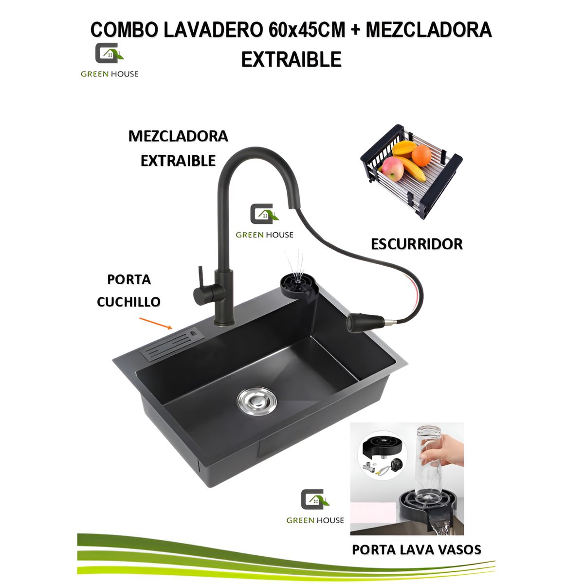 GREEN HOUSE - COMBO 60x45x23CM LAVADERO DE COCINA PORTA CUCHILLO CON MEZCLADORA