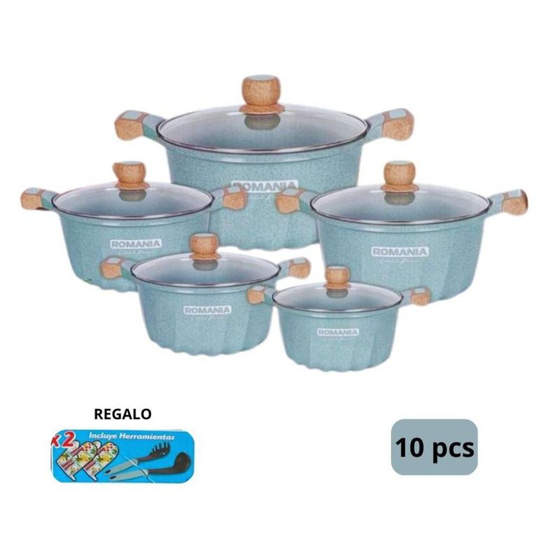 GENERICO - Juego de Ollas 10 Piezas Roca Volcánica - Esmeralda