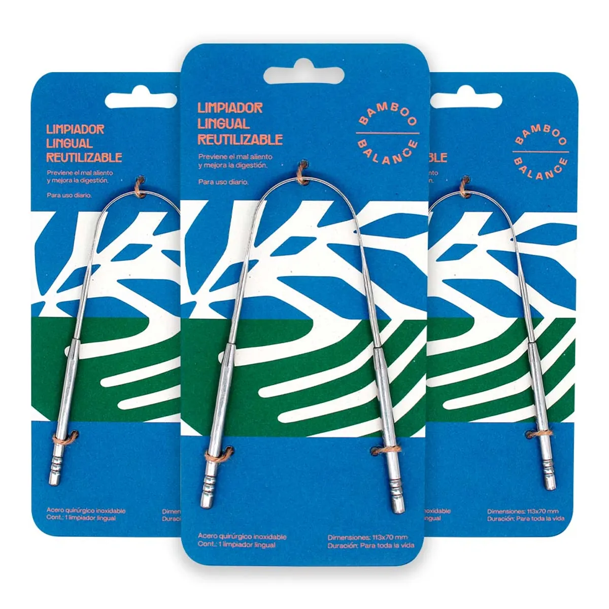 BAMBOO BALANCE - Limpiador Lingual Reutilizable de Acero Inoxidable Bamboo Balance 3 Unidades