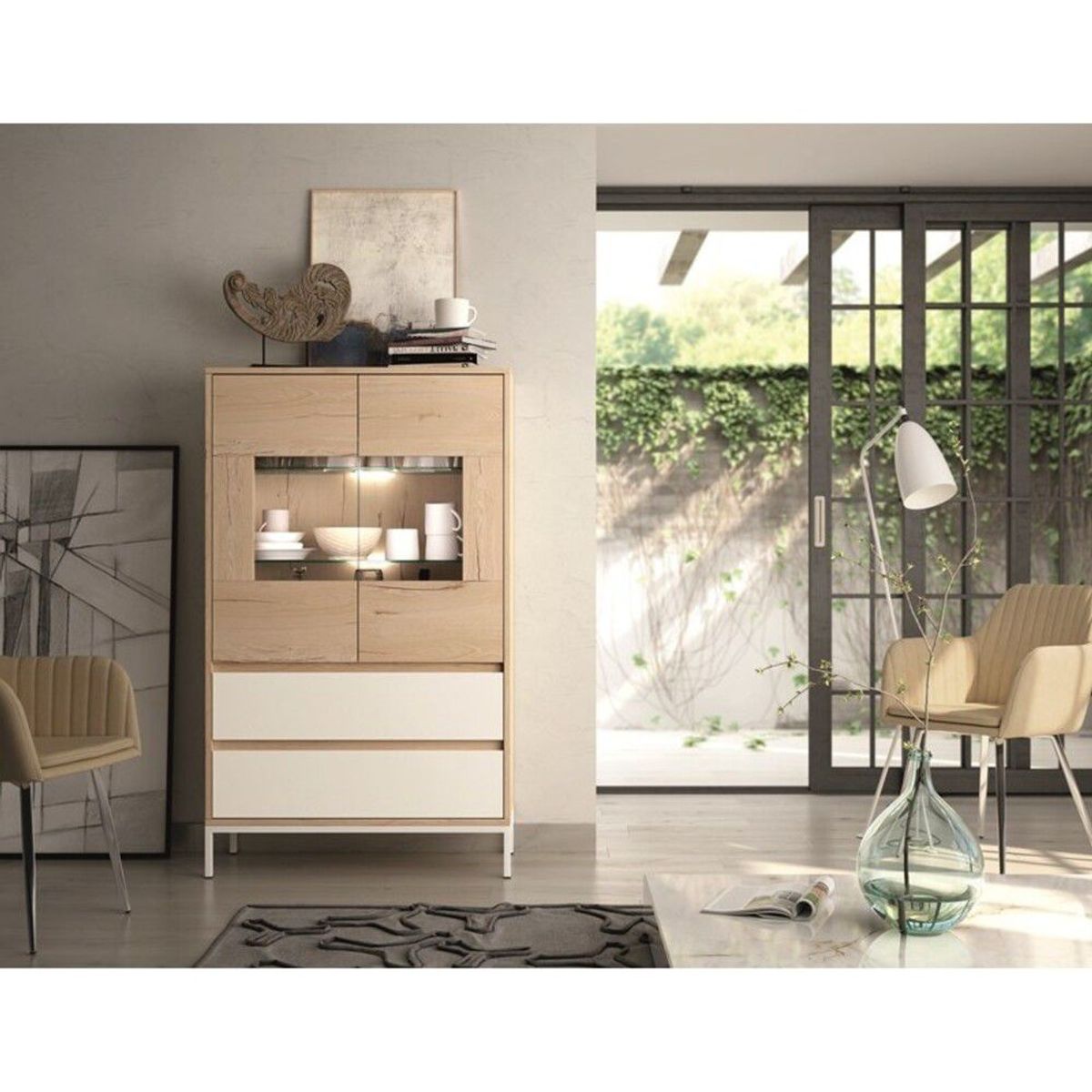 TU MESITA - Vitrina 2 puertas Lucio color DunaBlanco 2 cajones TU MESITA