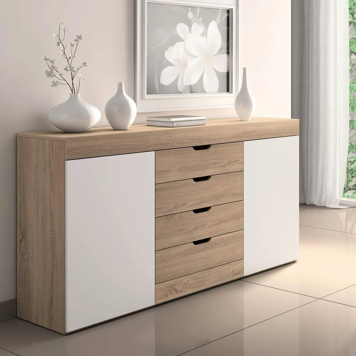 TU MESITA - Aparador Moderno 4 cajones Lorenzo color BlancoMacadamia TU MESITA