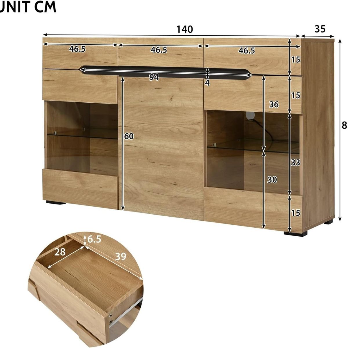 TU MESITA - Aparador con Luz Moderno Fosatti 3 cajones 3 puertas TU MESITA