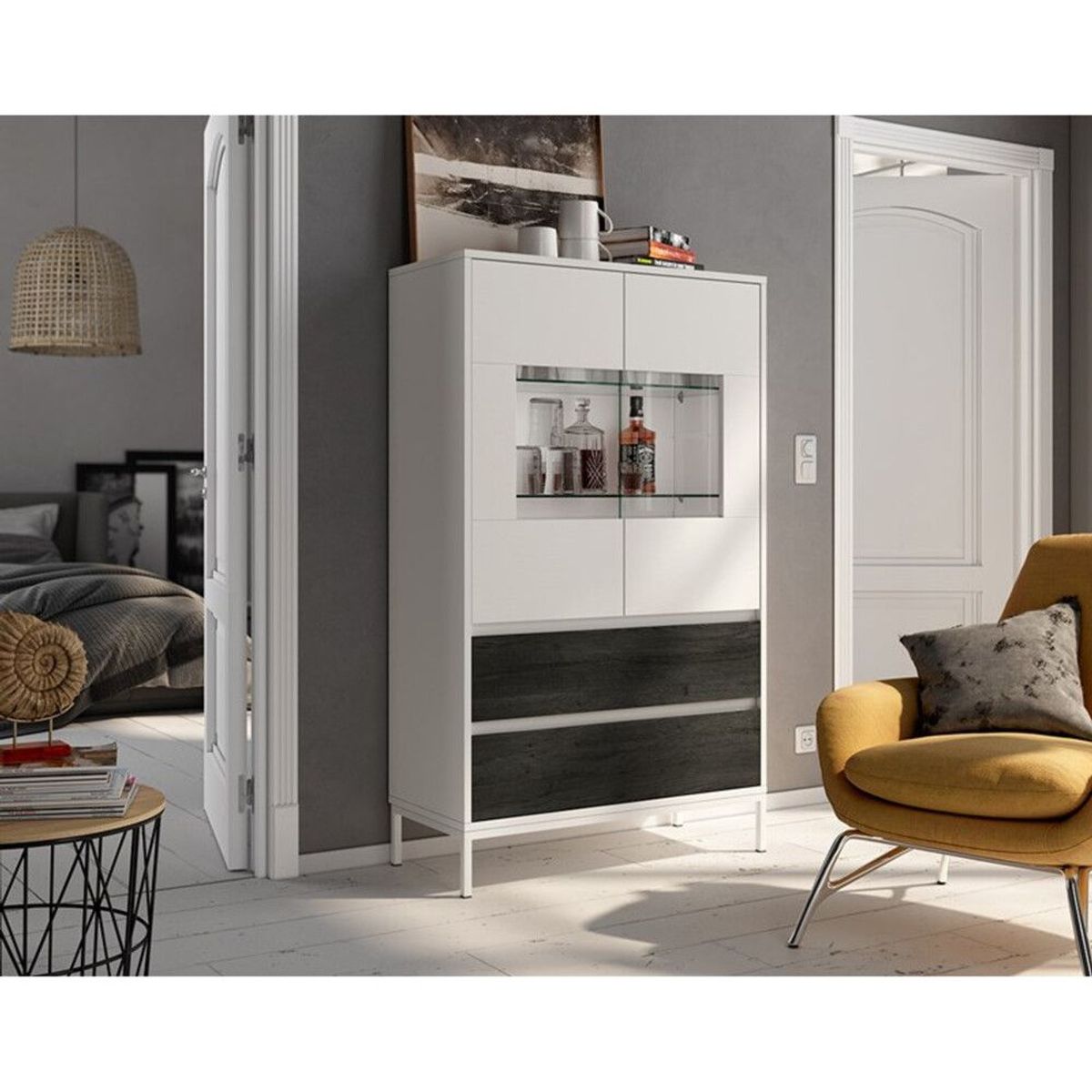 TU MESITA - Vitrina 2 puertas Lucio color BlancoNegro 2 cajones TU MESITA