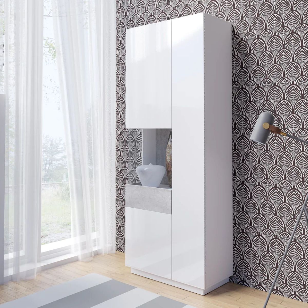 TU MESITA - Vitrina Moderna color BlancoGris Katamarina 2 puertas con vidrio