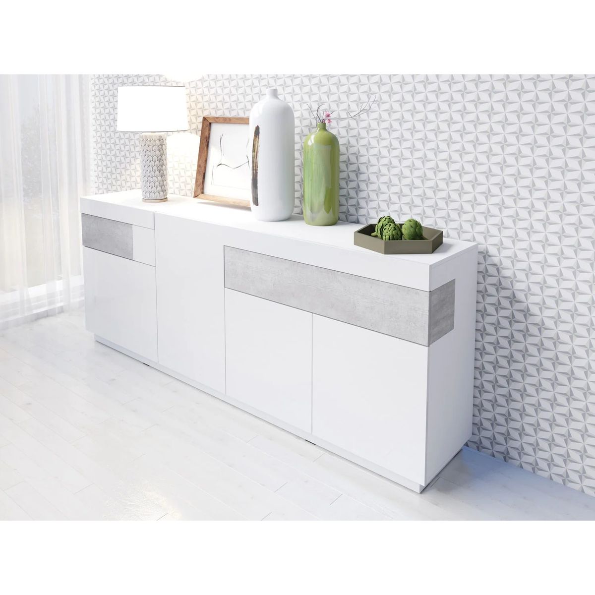 TU MESITA - Aparador Largo Katamarina 4 puertas 2 cajones TU MESITA color BlancoGris