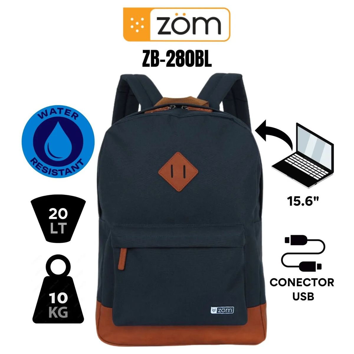 OEM - Mochila para laptop hasta 16 con USB ZOM ZB-280BL