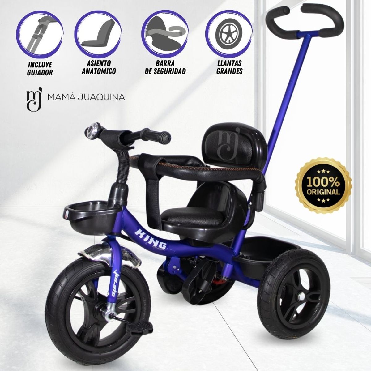 KING - Triciclo Guiador para Niños «BABY HAPPY» Blue