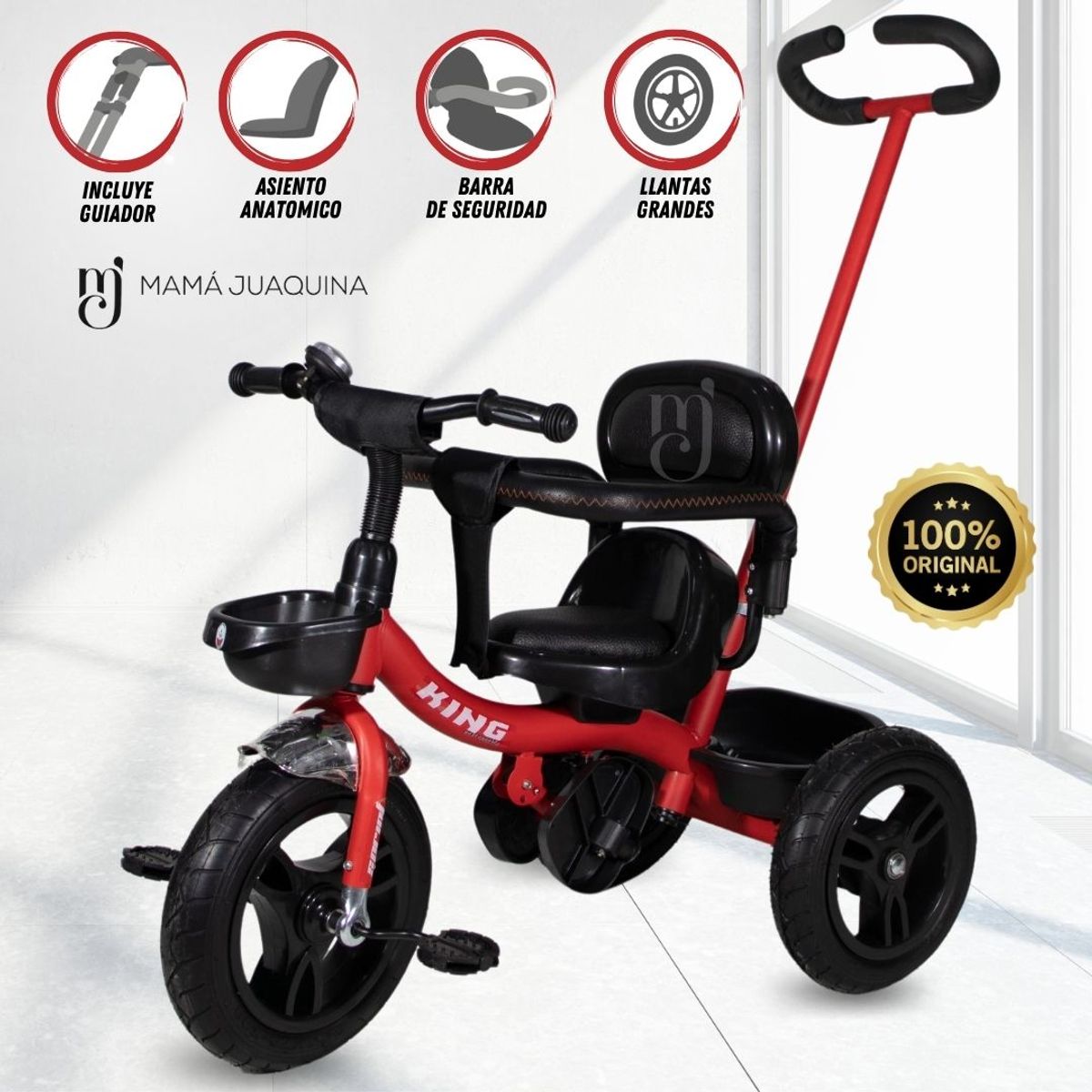 KING - Triciclo Guiador para Niños «BABY HAPPY» Red