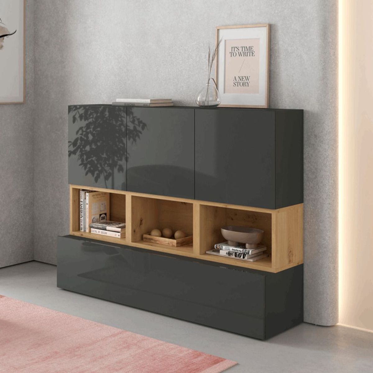 TU MESITA - Aparador Recibidor Moderno Charlie NegroMarrón TU MESITA 3caj 1pta