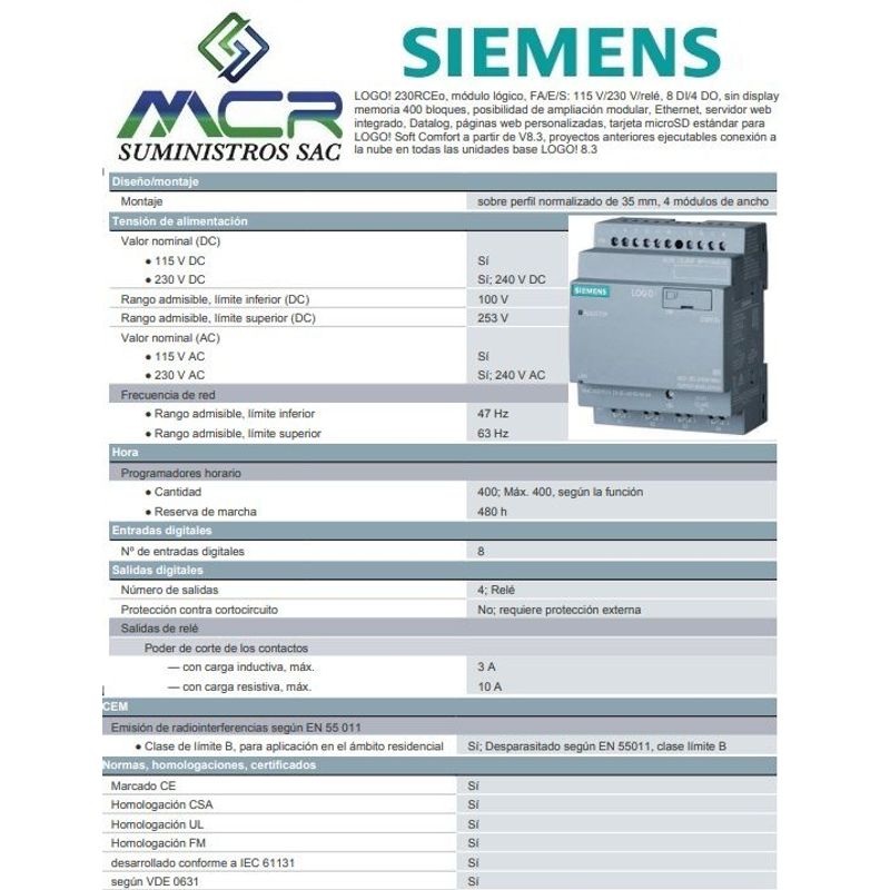 SIEMENS - PLC LOGO DIGITAL DE 115V / 240V  AC/DC 8ENTRADAS 4SALIDAS SIEMENS