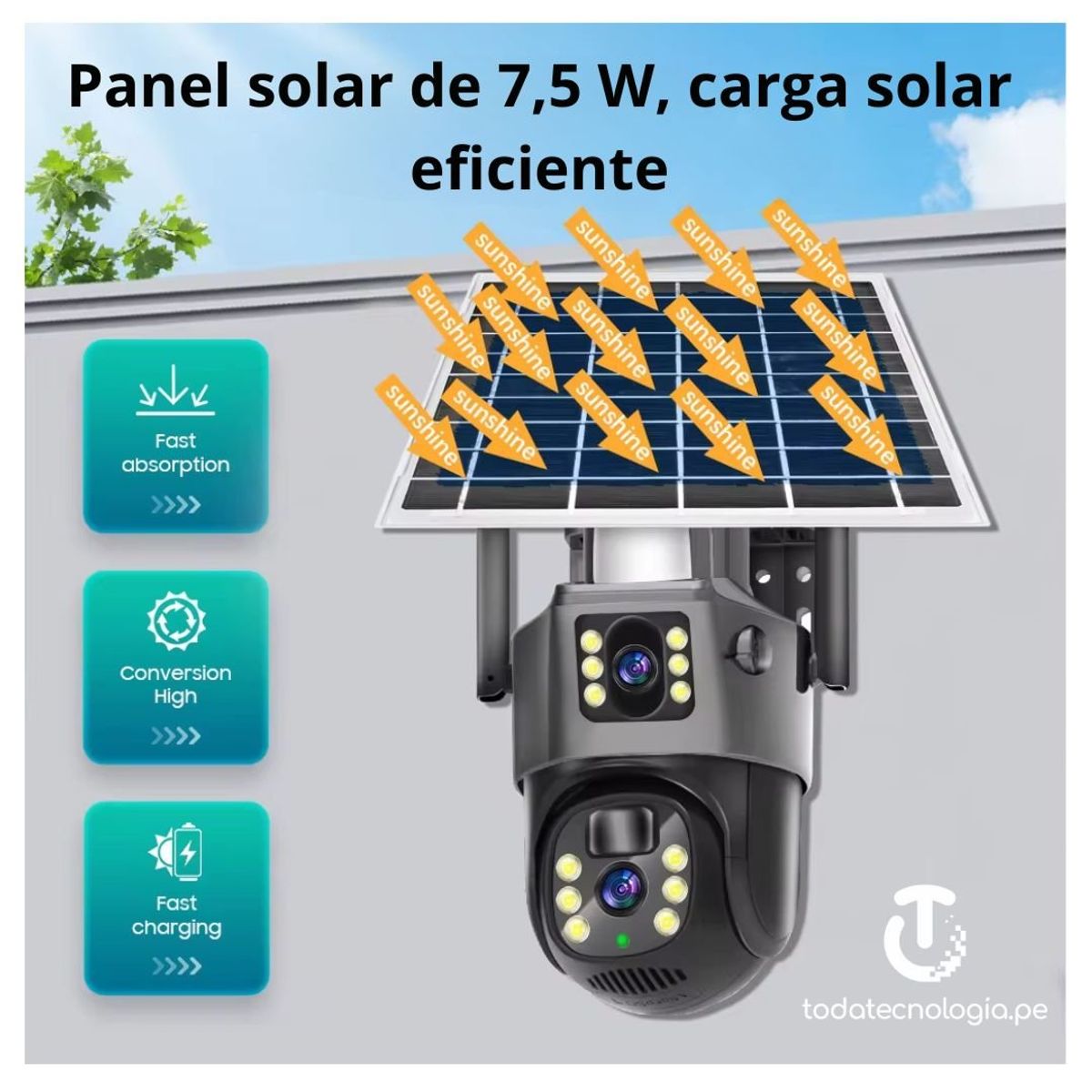 SEISA - CAMARA VIGILANCIA SEGURIDAD PTZ DOMO DUAL PANEL SOLAR