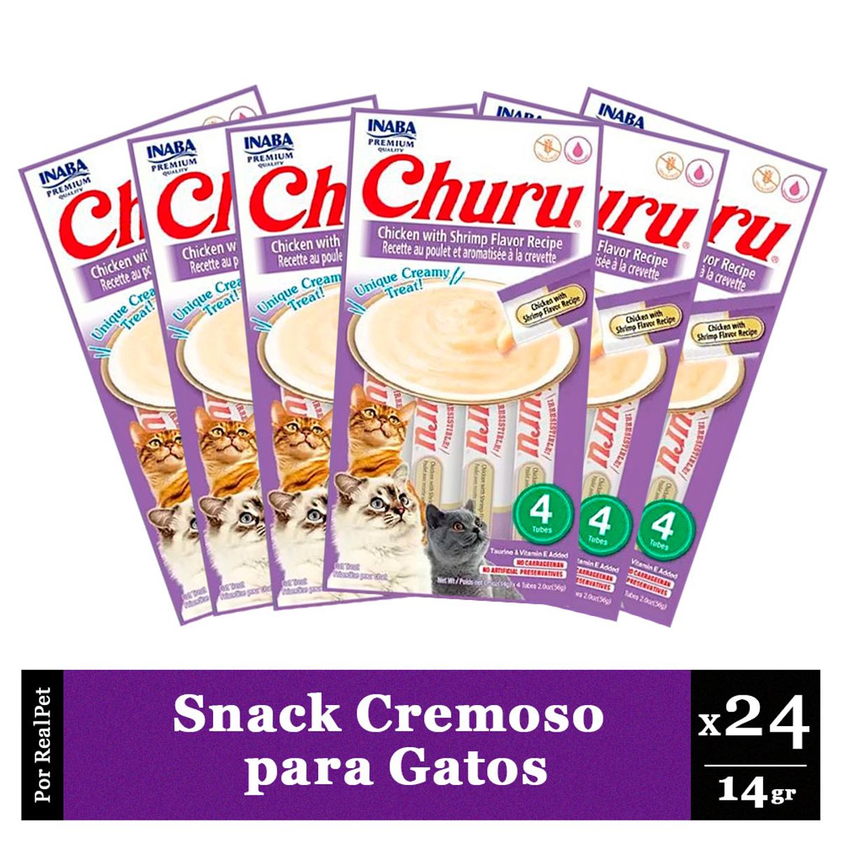 CHURU - Snack Cremoso Gato Churu Sabor Pollo y Camarones 24 x 14gr
