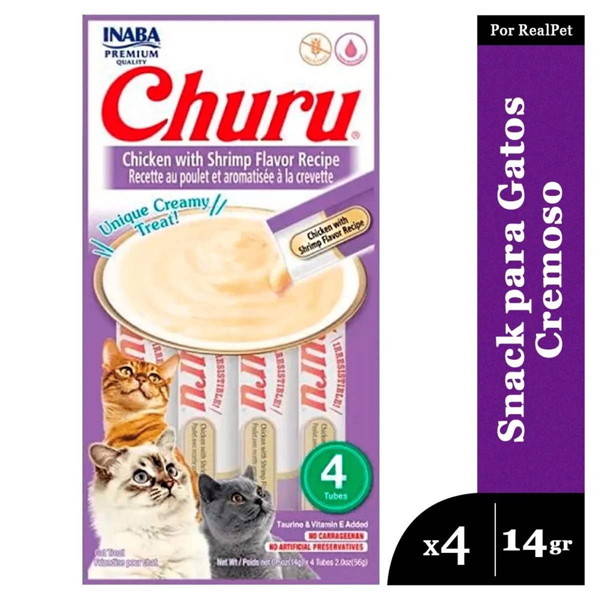 CHURU - Snack Cremoso Gato Churu Sabor Pollo y Camarones 4 x 14gr