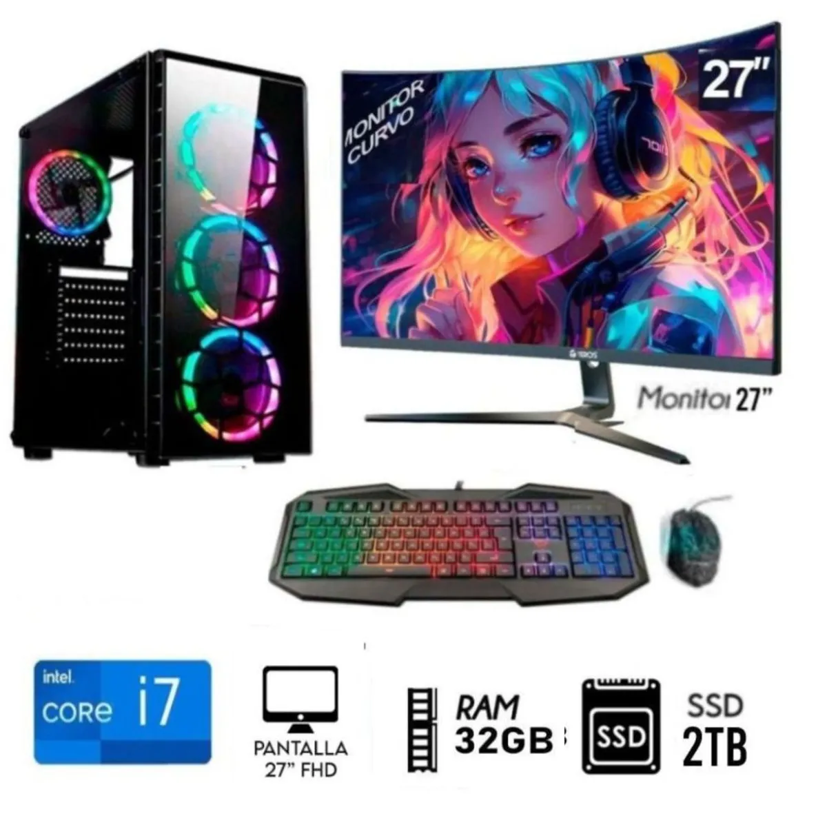 INTEL - Computadora PC CORE i7 3.2Ghz   Ram 32GB,  Disco  SSD 2TB,  Monitor 27 FULL HD