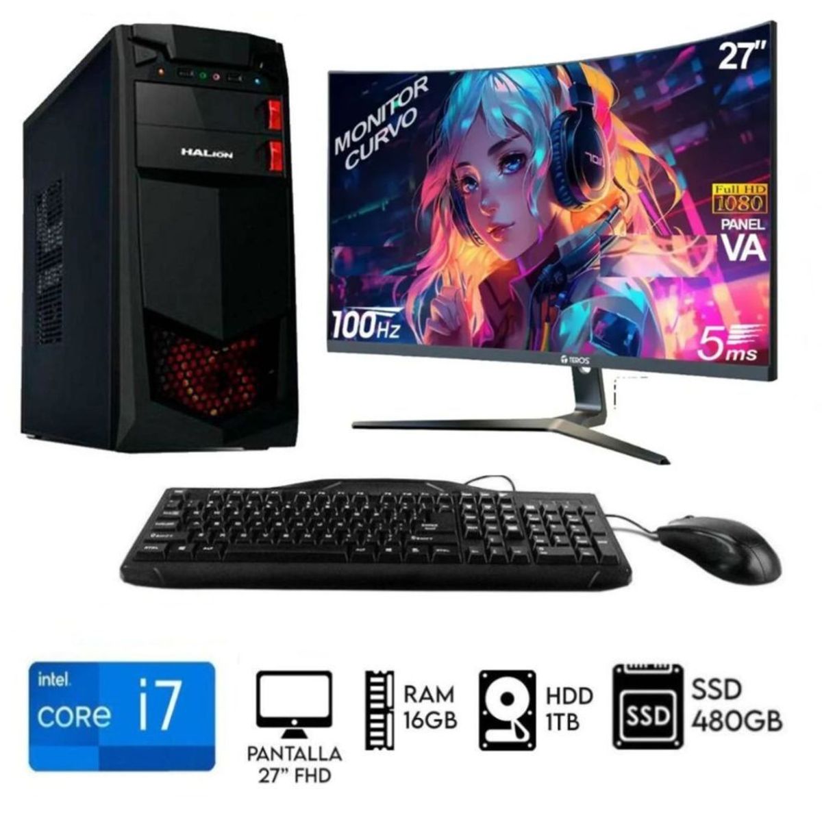 INTEL - Computadora Pc Intel Core i7-8TH Ram 16GB Disco 1TB+SSD 480GB Monitor Curvo 27